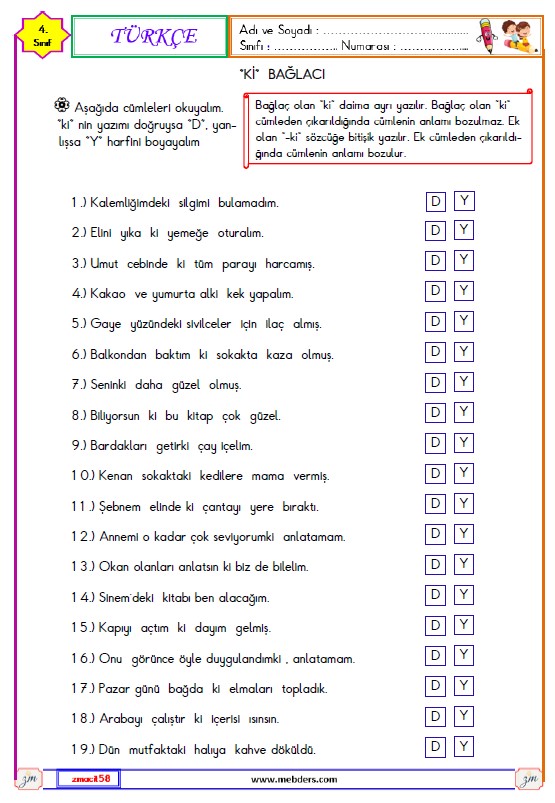 4. Sınıf Türkçe Ki Eki ve Ki bağlacı Etkinliği